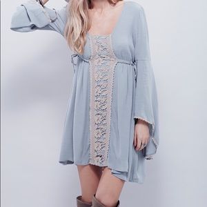 Free People Bohemian Bell Sleeves Blue Dress with Cream Lacing